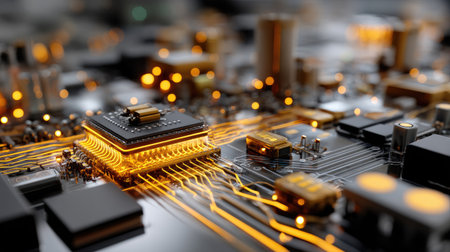 This captivating close-up image showcases a microprocessor chip and intricate circuitry, enhanced by glowing lights, symbolizing advanced technology and innovation.の素材