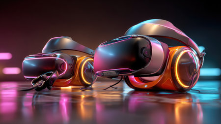 Two stylish virtual reality headsets illuminated by vibrant neon lights, showcasing cutting-edge technology for gaming and immersive experiences.の素材