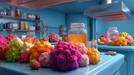 A bright kitchen scene showcasing an array of colorful cauliflower varieties spread across a blue countertop next to jars filled with vibrant liquids, creating an inviting atmosphere.の素材