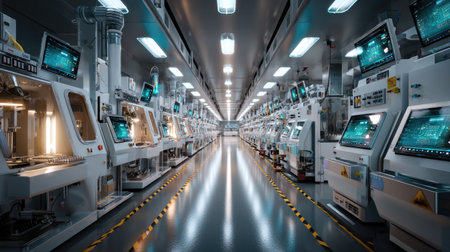 A sleek and expansive industrial factory interior featuring high-tech machinery and digital displays, showcasing an advanced assembly line environment.の素材