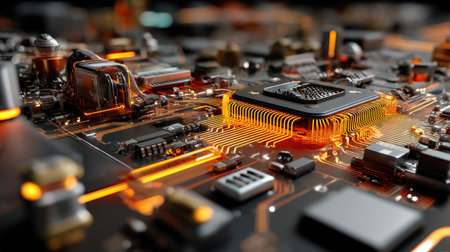 High-resolution view of a complex circuit board featuring a microprocessor and illuminated components, showcasing the intricate design of modern electronics.の素材