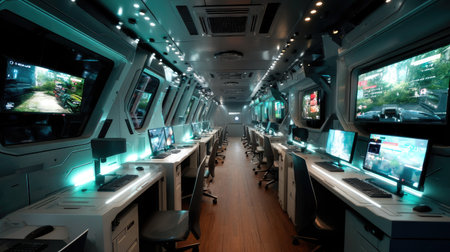 A modern gaming lounge showcasing advanced workstations equipped with multiple monitors highlights a sleek design and vibrant ambiance perfect for e-sports enthusiasts.の素材
