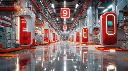 A vibrant and modern warehouse interior features bright red storage units and advanced technology, showcasing an organized and efficient logistics space.の素材