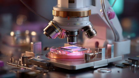 A high-tech laboratory microscope positioned over a microchip, showcasing advanced features for precision research and scientific analysis in modern studies.の素材
