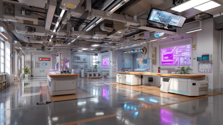 A bright and spacious modern laboratory featuring advanced technology and equipment. It showcases a futuristic design with digital displays and clean lines.の素材