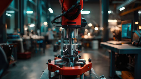 A detailed view of a cutting-edge robotic arm in a vibrant manufacturing workshop, showcasing precision engineering and modern industrial technology.の素材