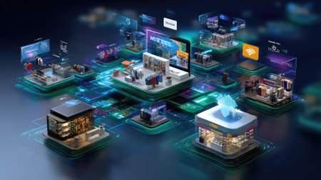 This image showcases a futuristic concept of virtual shopping, depicting digital stores interconnected with interactive displays, emphasizing e-commerce growth.の素材