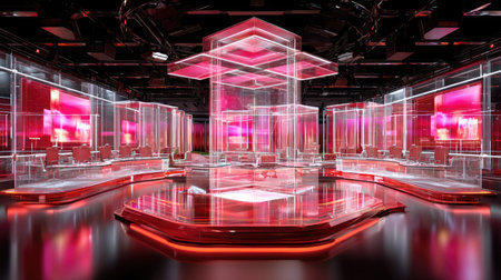 This image features a futuristic studio design with transparent structures and vibrant neon lights, ideal for media production and presentations.の素材