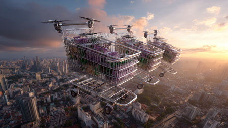 This stunning aerial image showcases flying shopping carts being delivered by drones over a vibrant cityscape at sunset, highlighting futuristic transportation and commerce trends.の素材