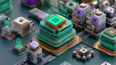 Explore a vibrant digital landscape showcasing advanced microchips and high-tech structures illuminated by neon lights, reflecting innovation and technology.の素材