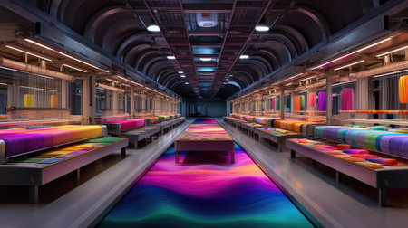 Inside a vibrant textile workshop, this space features horizontal looms surrounded by an array of brightly colored fabrics and intricate patterns.の素材