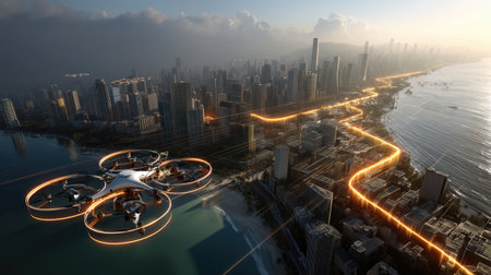 A stunning aerial view captures a drone soaring over a vibrant city skyline during sunset, with glowing light trails and a serene ocean backdrop.の素材