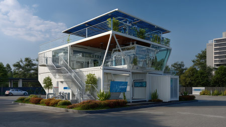 This image showcases a stylish eco-friendly container building featuring extensive glass elements and a rooftop garden, set against a blue sky.の素材