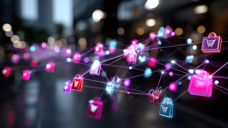 This dynamic illustration showcases a colorful digital shopping network with vibrant icons and connections set against an urban backdrop, representing modern e-commerce.の素材