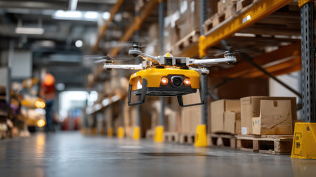 This image captures a sleek yellow drone in flight within a spacious warehouse, showcasing modern technology and efficient inventory management practices.の素材
