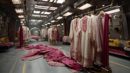 A stunning visual of traditional garments displayed in an unusual industrial setting, highlighted by soft lighting and rich textures, evoking a sense of elegance.の素材