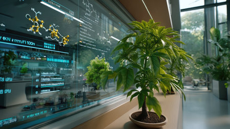 This image showcases a modern workspace that beautifully integrates digital displays of scientific data with vibrant indoor plants, promoting innovation and well-being.の素材