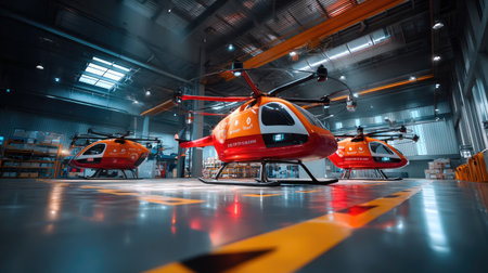 This striking image showcases innovative delivery drones inside a modern warehouse, highlighting advanced technology, dynamic lighting, and efficiency in logistics operations.の素材