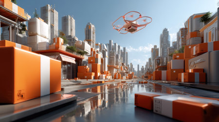A modern urban setting showcases a delivery drone hovering over vibrant shipping containers. The scene highlights innovation in logistics and technology.の素材