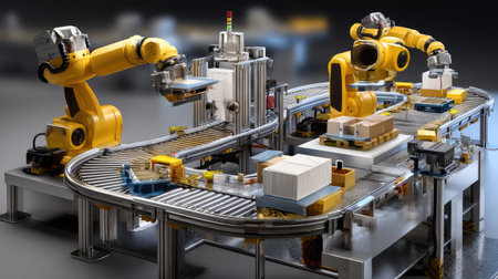An intricate robotic system showcases advanced automation within a modern warehouse, featuring dynamic conveyors and packaging machines enhancing efficiency.の素材