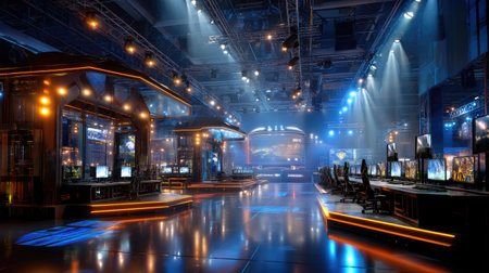 A vibrant esports arena showcasing advanced gaming technology with illuminated stations and large screens, perfect for competitions and events.の素材