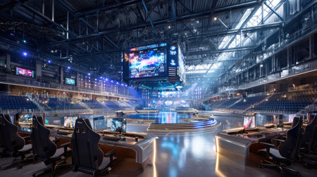 This captivating image showcases a futuristic esports arena featuring a high-tech gaming setup perfect for competitions. The expansive interior is designed to enhance the viewer experience, with advanced lighting and large screens displaying dynamic visuals. The arena is equipped with comfortable gaming chairs and accommodates a sizable audience, making it an ideal venue for live esports events.の素材