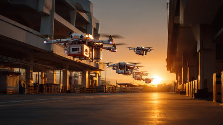 A stunning scene capturing multiple drones in flight against a vibrant sunset in an urban landscape, showcasing advanced technology and innovation.の素材