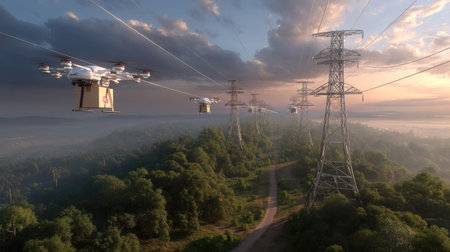 A stunning aerial view showcasing drones delivering packages along electric power lines. The beautiful sunset creates a dramatic backdrop over lush greenery and hills.の素材