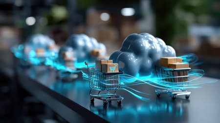 This image illustrates a futuristic shopping experience with smart carts transporting packages through a digital cloud. It symbolizes innovation and automation in modern retail and logistics.の素材