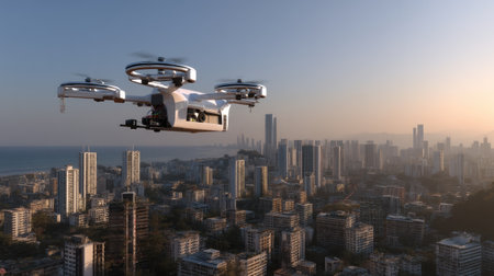 This striking image captures a drone soaring above a bustling urban landscape at sunset, showcasing modern skyscrapers and an ocean view.の素材