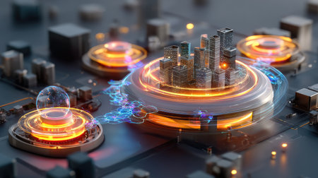 This stunning image illustrates a futuristic cityscape infused with neon lights and digital elements, symbolizing the integration of smart technology in urban design and development.の素材