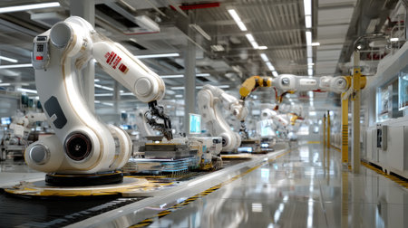 This image showcases advanced industrial robots efficiently working together on a modern production line within a high-tech manufacturing facility.の素材