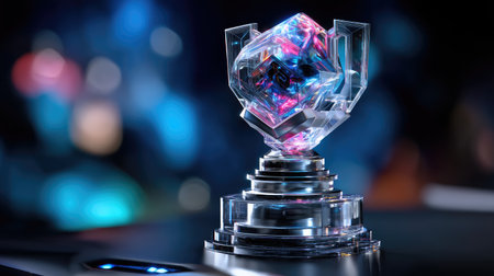 This striking crystal trophy showcases a unique design, illuminated by colorful lights, symbolizing achievement and excellence in a competitive realm.の素材