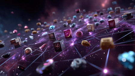 This captivating abstract image showcases a vibrant digital network of 3D icons interconnected by luminous lines against a cosmic background. Perfect for technology themes.の素材