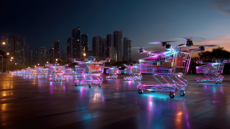 Dynamic scene featuring illuminated shopping carts equipped with drone propellers, set against a vibrant city skyline at twilight, showcasing innovation in transportation and retail.の素材