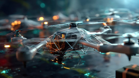 This image showcases a high-tech drone featuring a futuristic design, surrounded by an abstract digital environment and illuminated elements, symbolizing innovation.の素材