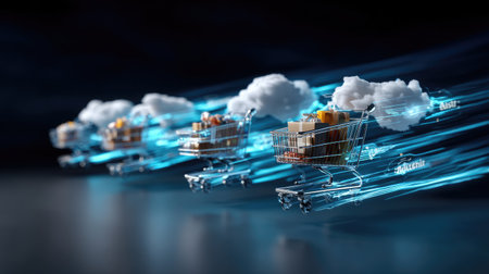 This dynamic image features shopping carts moving quickly through clouds, symbolizing speed and innovation in online shopping and e-commerce solutions.の素材