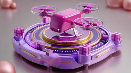 A vibrant 3D rendering of a colorful drone surrounded by gift boxes, creating a modern and festive atmosphere in an abstract design environment.の素材
