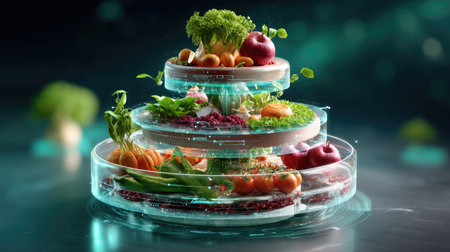 This stunning image features a futuristic arrangement of vibrant organic vegetables and fruits layered in transparent glass, emphasizing health and innovation.の素材