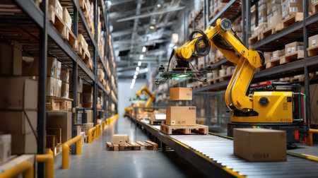 This image showcases advanced automation with a robotic arm efficiently handling packages in a modern warehouse setting, emphasizing technology in logistics.の素材