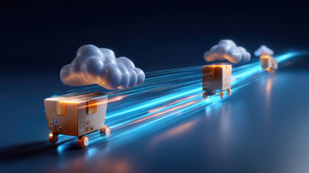 This artistic representation illustrates the concept of fast delivery services featuring moving boxes and clouds, emphasizing acceleration and efficiency in e-commerce and logistics.の素材