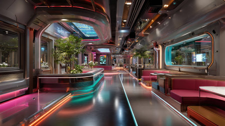 An immersive view of a futuristic lounge showcasing vibrant colors, neon lighting, and modern designs, ideal for relaxation and social interactions.の素材