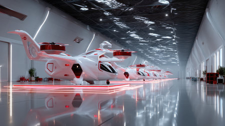 Discover a spacious and innovative hangar showcasing a lineup of cutting-edge flying vehicles, designed for future air transportation and modern travel solutions.の素材