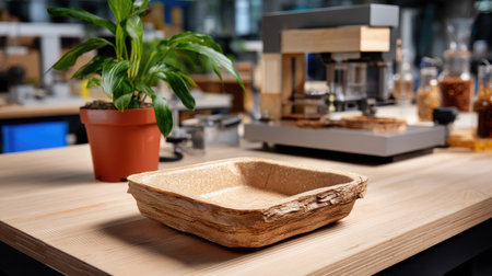 A stylish biodegradable container made from natural materials sits prominently on a wooden table in a bright modern workspace, surrounded by greenery.の素材