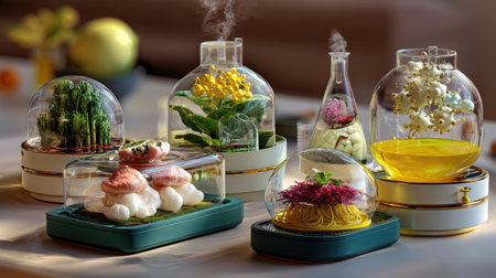 Unique and artistic food presentation showcases gourmet dishes under elegant glass domes, highlighting creativity and freshness while incorporating smoke effects.の素材
