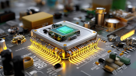 This detailed image showcases a modern computer processor situated on a circuit board, emphasizing the intricate design, vibrant glow, and technology integration.の素材