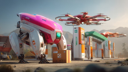 A futuristic robot interacts with a package at a high-tech gas station, while drones navigate overhead in a vibrant sci-fi environment.の素材