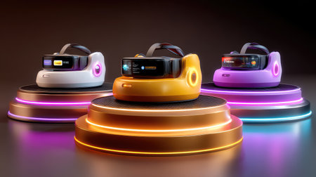 This image features three striking virtual reality headsets displayed on illuminated bases, showcasing cutting-edge technology ideal for immersive gaming experiences.の素材