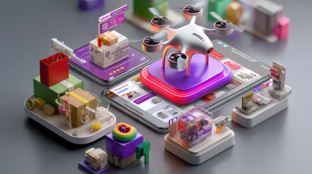 This colorful 3D render illustrates a futuristic delivery concept with a drone and smartphone, emphasizing e-commerce and logistics advancements in technology.の素材