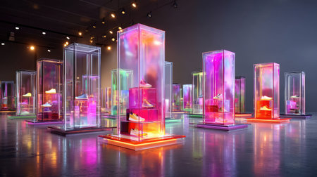 A stunning display of contemporary footwear is featured in a modern gallery, showcasing vibrant colors and dynamic lighting in transparent cases.の素材